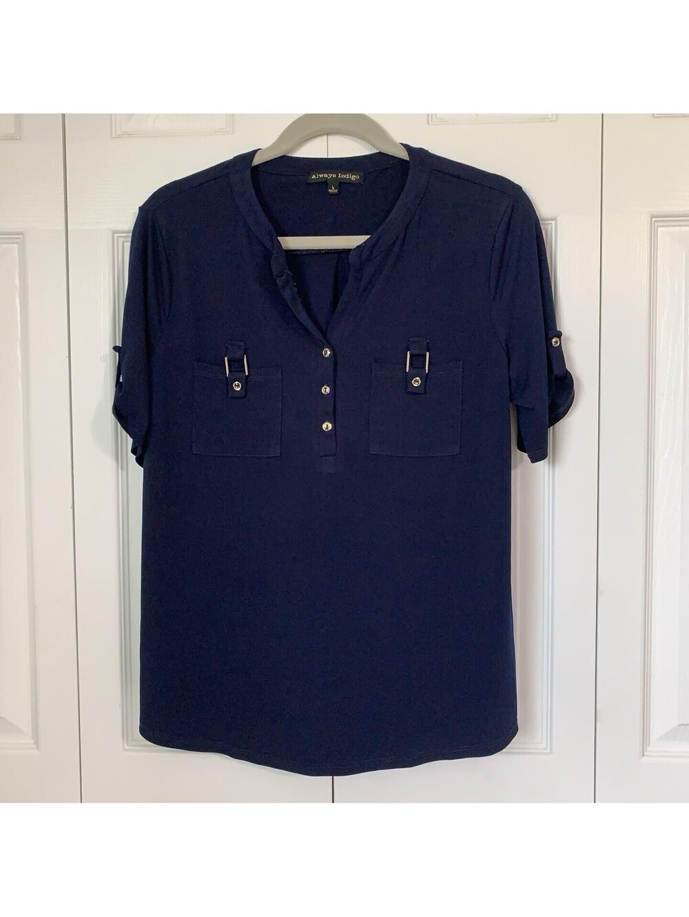 Always Indigo Top Womens L Blue Short Sleeve Henley Buckle Pocket Tunic Blouse